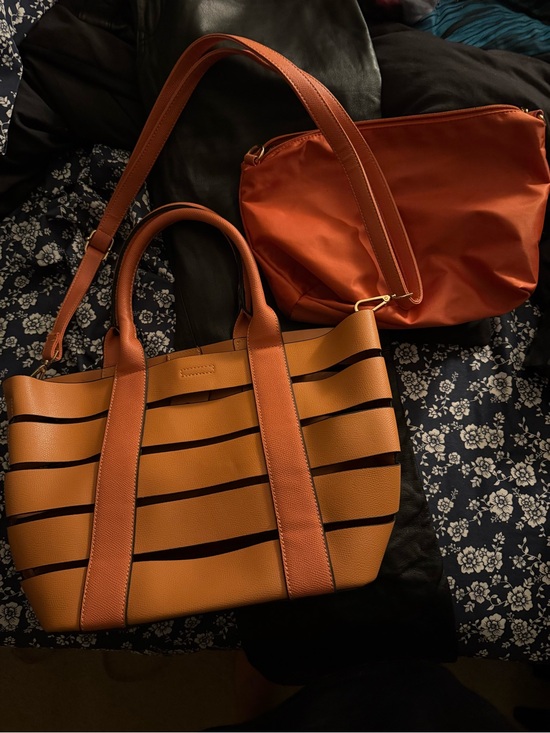 Handbags - Structured Striped Tote Bag in Burnt Orange with bonus purse NEW